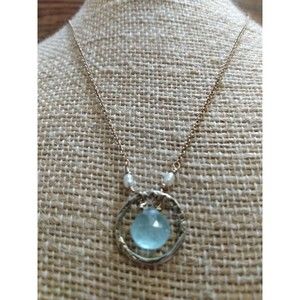 Vintage Topaz Blue Seed Pearl 14 Karat Gold Filled Circle Drop Necklace